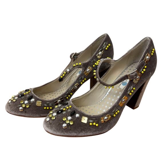 Boden Velvet Mary Jane Heels Jewel Embellished EU 40 (US 8.5) fairy preppy event